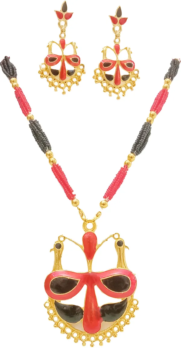 Assamese_Traditional_Gold_Plated_Red_Black_Mayur_Design_Tassel_Jewellery_Set_For_Women
